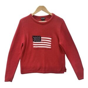 Red American Flag Sweater Women's M Classic Preppy Crewneck Pullover VTG